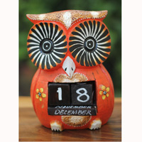 Wooden Calendar With Owl, Hadmade From Albesia Wood
