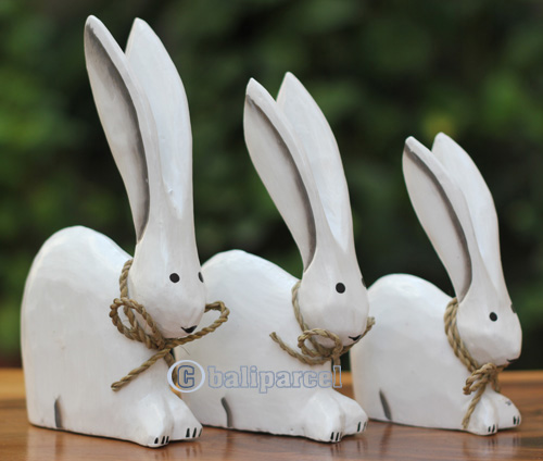 Wooden Set Of 3 Rabbit With Painted, Handcarved From Albesia Wood