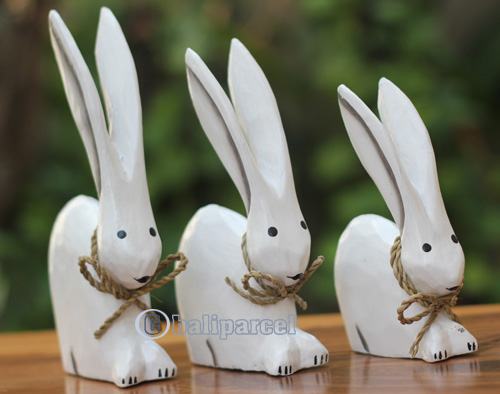 Wooden Set Of 3 Rabbit With Painted, Handcarved From Albesia Wood