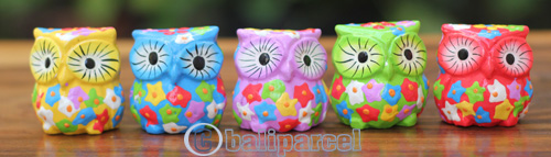 Wooden Owl Set Of 5 With Painted, Handcarved From Albesia Wood