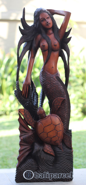 Wooden Mermaid With Turtle Hand Carved From Suar Wood
