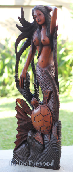 Wooden Mermaid With Turtle Hand Carved From Suar Wood