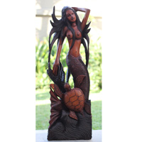 Wooden Mermaid With Turtle Hand Carved From Suar Wood