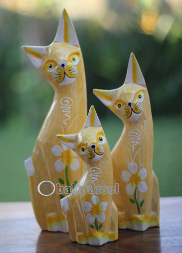 Wooden Cat Set Of 3 With Painted, Handmade From Albesia Wood