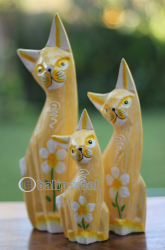 Wooden Cat Set Of 3 With Painted, Handmade From Albesia Wood