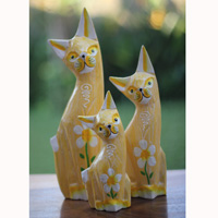 Wooden Cat Set Of 3 With Painted, Handmade From Albesia Wood