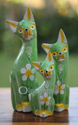 Wooden Cat Set Of 3 With Painted, Handmade From Albesia Wood