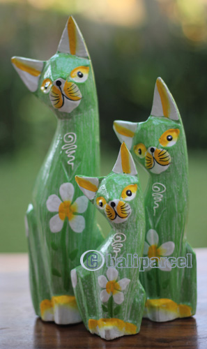 Wooden Cat Set Of 3 With Painted, Handmade From Albesia Wood