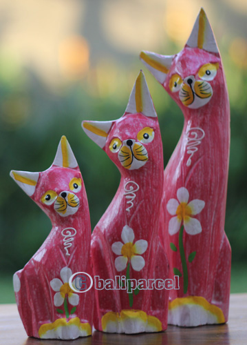 Wooden Cat Set Of 3 With Painted, Handmade From Albesia Wood