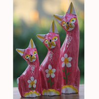 Wooden Cat Set Of 3 With Painted, Handmade From Albesia Wood