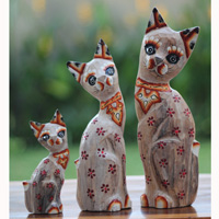 Wooden Cat Set Of 3 With Painted, Handmade From Albesia Wood
