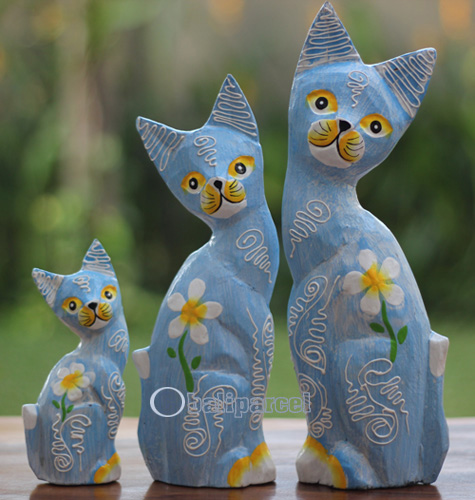 Wooden Cat Set Of 3 With Painted, Handmade From Albesia Wood