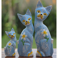 Wooden Cat Set Of 3 With Painted, Handmade From Albesia Wood