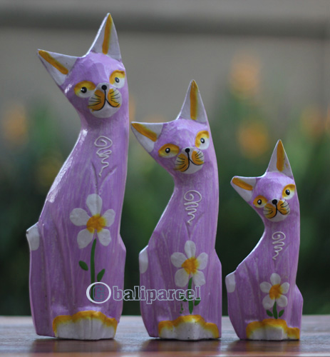 Wooden Cat Set Of 3 With Painted, Handmade From Albesia Wood