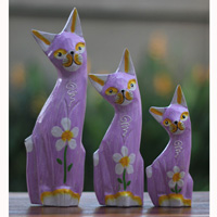 Wooden Cat Set Of 3 With Painted, Handmade From Albesia Wood