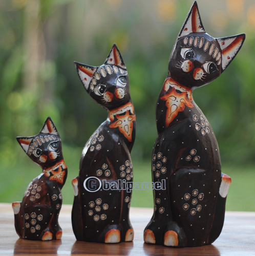 Wooden Cat Set Of 3 With Painted, Handmade From Albesia Wood