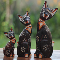 Wooden Cat Set Of 3 With Painted, Handmade From Albesia Wood