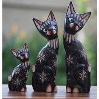 Wooden Cat Set Of 3 With Painted, Handmade From Albesia Wood