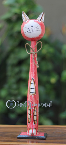 Wooden Cat With Painted, Handmade From Albesia Wood