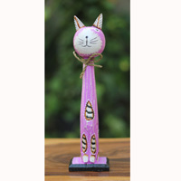 Wooden Cat With Painted, Handmade From Albesia Wood