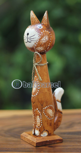 Wooden Cat With Painted, Handmade From Albesia Wood