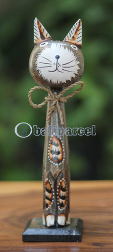 Wooden Cat With Painted, Handmade From Albesia Wood