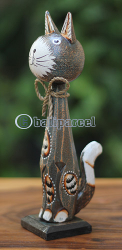 Wooden Cat With Painted, Handmade From Albesia Wood