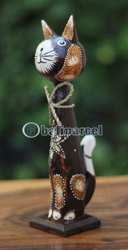Wooden Cat With Painted, Handmade From Albesia Wood