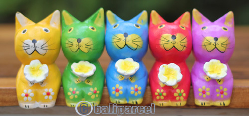 Wooden Cat Set Of 5 With Painted, Handmade From Albesia Wood