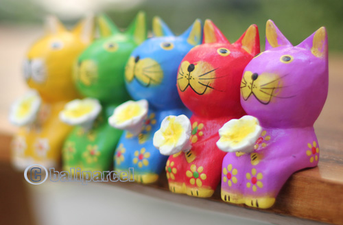Wooden Cat Set Of 5 With Painted, Handmade From Albesia Wood