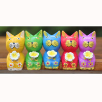 Wooden Cat Set Of 5 With Painted, Handmade From Albesia Wood