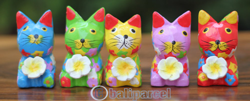 Wooden Cat Set Of 5 With Painted, Handmade From Albesia Wood
