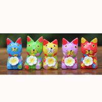 Wooden Cat Set Of 5 With Painted, Handmade From Albesia Wood