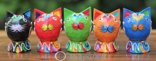 Wooden Cat Set Of 5 With Painted, Handmade From Albesia Wood