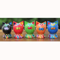 Wooden Cat Set Of 5 With Painted, Handmade From Albesia Wood