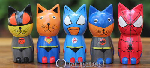 Wooden Cat Set Of 5 With Painted, Handmade From Albesia Wood
