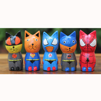 Wooden Cat Set Of 5 With Painted, Handmade From Albesia Wood