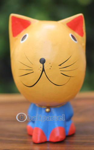 Wooden Cat With Painted, Handmade From Albesia Wood
