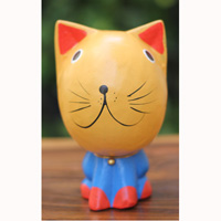 Wooden Cat With Painted, Handmade From Albesia Wood
