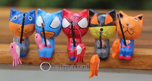 Wooden Cat Set Of 5 With Painted, Handmade From Albesia Wood