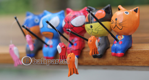 Wooden Cat Set Of 5 With Painted, Handmade From Albesia Wood