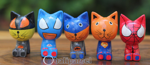 Wooden Cat Set Of 5 With Painted, Handmade From Albesia Wood