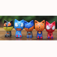 Wooden Cat Set Of 5 With Painted, Handmade From Albesia Wood
