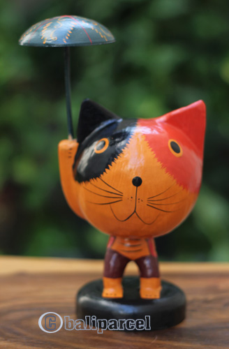 Wooden Cat With Painted, Handmade From Albesia Wood