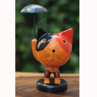 Wooden Cat With Painted, Handmade From Albesia Wood