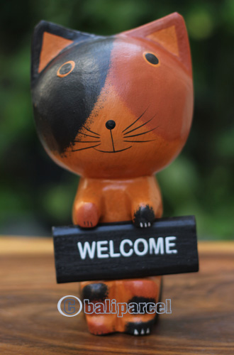 Wooden Cat With Painted, Handmade From Albesia Wood