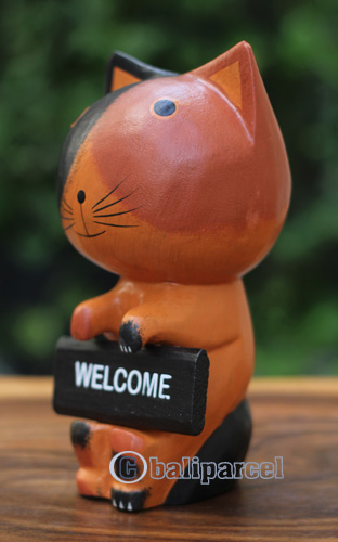Wooden Cat With Painted, Handmade From Albesia Wood