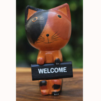 Wooden Cat With Painted, Handmade From Albesia Wood