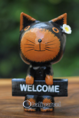 Wooden Cat With Painted, Handmade From Albesia Wood