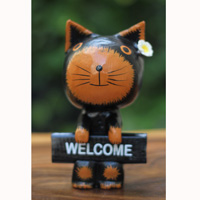 Wooden Cat With Painted, Handmade From Albesia Wood